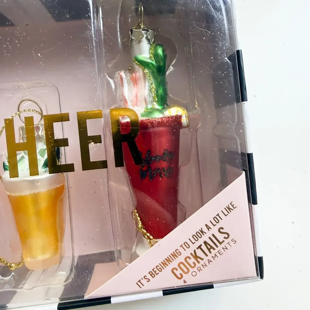 New Set of 4 Holiday Cheer Cocktails Drinks Glass Christmas Ornaments